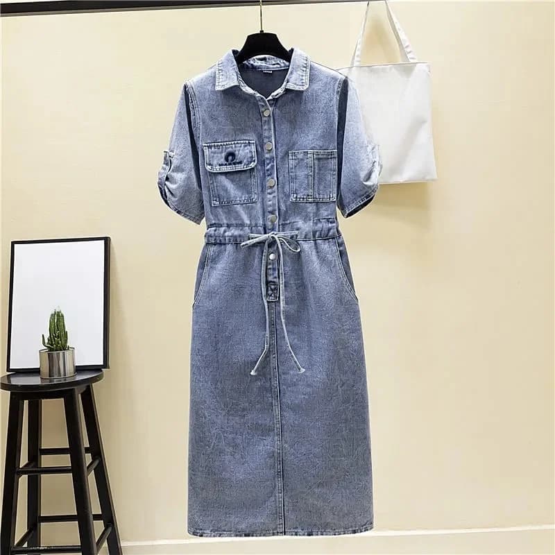 Robe en jean Vintage à manches courtes pour femmes, printemps été, taille au-dessus du genou, en Denim, boutons, chemise décontractée, 2025