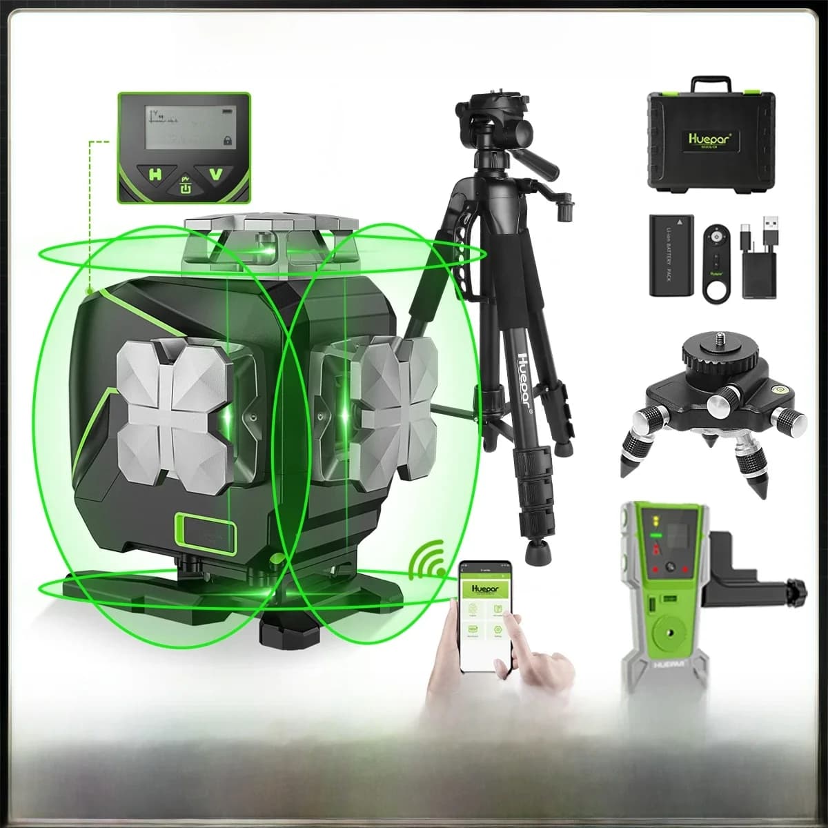Huepar 16 Lignes 4D Niveau Laser En Croix Fonctions Bluetooth & Télécommande Faisceau Vert Avec Etui de Transport Rigide Sans Support