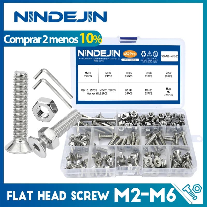 NINDEJIN kit de vis à tête fraisée à douille hexagonale m2 m2.5 m3 m4 m5 m6 jeu de vis et écrou à tête plate en acier inoxydable