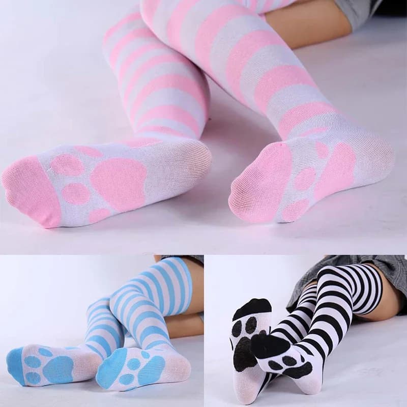 Cosplay – chaussettes hautes et longues aux genoux, bande rose, bas imprimés patte de chat Kawaii, pour femmes et filles, étudiantes, bas en coton Lolita Kawaii