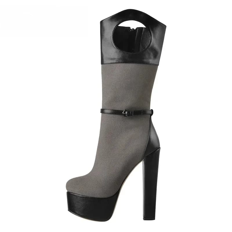 Onlymaker hiver mi-mollet bottes plate-forme mat noir PU Patchwork maille talons ronds découpe confortable chaussures à glissière