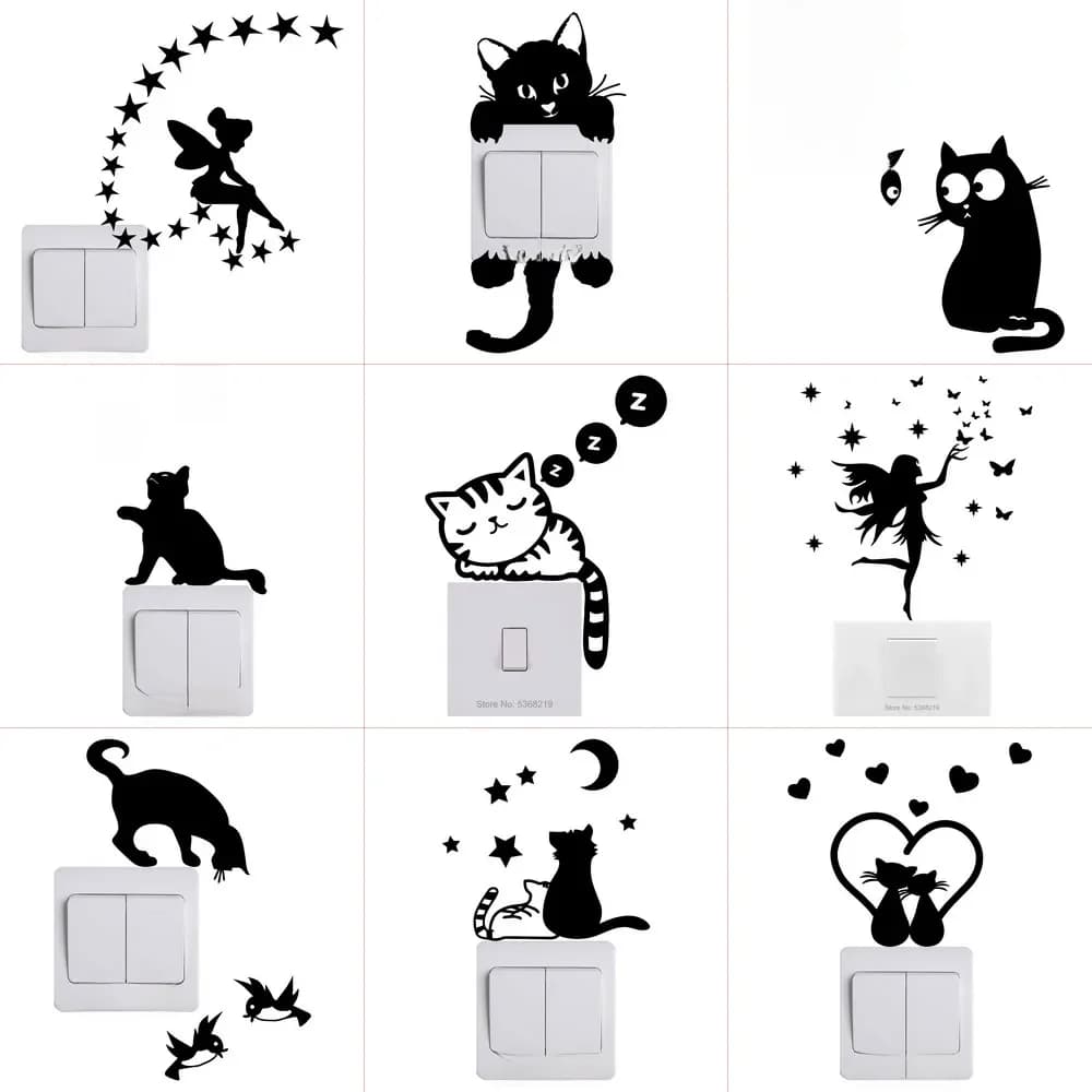 Autocollant pour interrupteur de lumière, décoration murale pour chambre d'enfant, chat, fée, lune, étoiles, en vinyle, décoration de maison pour chambre d'enfant, DIY bricolage