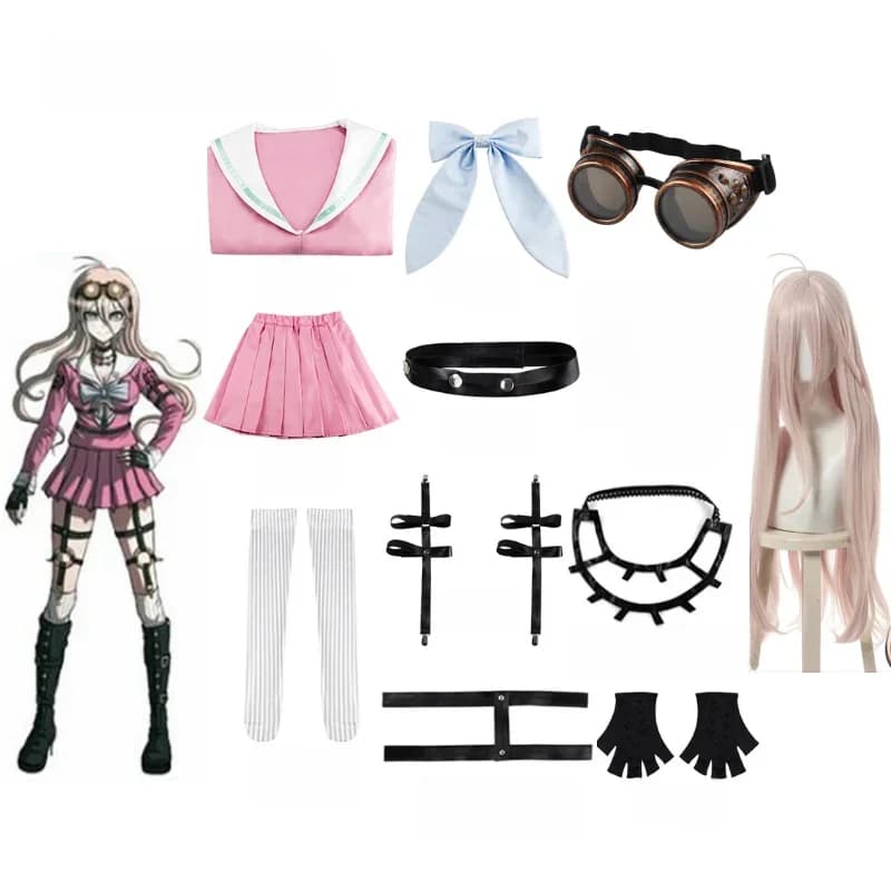 Robe cosplay pour filles, ensemble complet de perruques, ceinture gratuite, sangle de bras putscopique, collier de chaussettes, lunettes, ANRONPA V3 ATA U, Iruma, marin imbibé