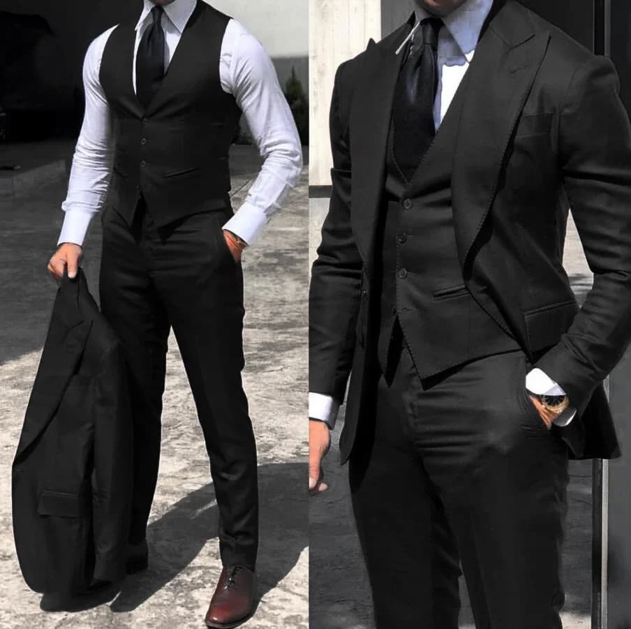 Costume classique noir pour hommes, 3 pièces, smoking à revers, ensemble de costumes de mariage pour garçons d'honneur, Blazer d'affaires à la mode, veste + pantalon + gilet