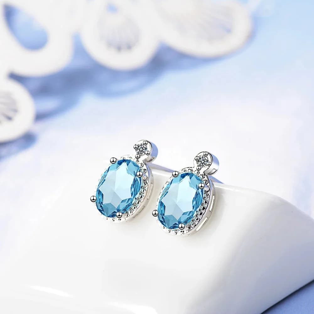 Boucles d'oreilles ovales en argent Sterling 925 véritable, 1.8 Carat, topaze bleu ciel naturelle, pierre de naissance, bijoux fins pour femmes, cadeau de mariage