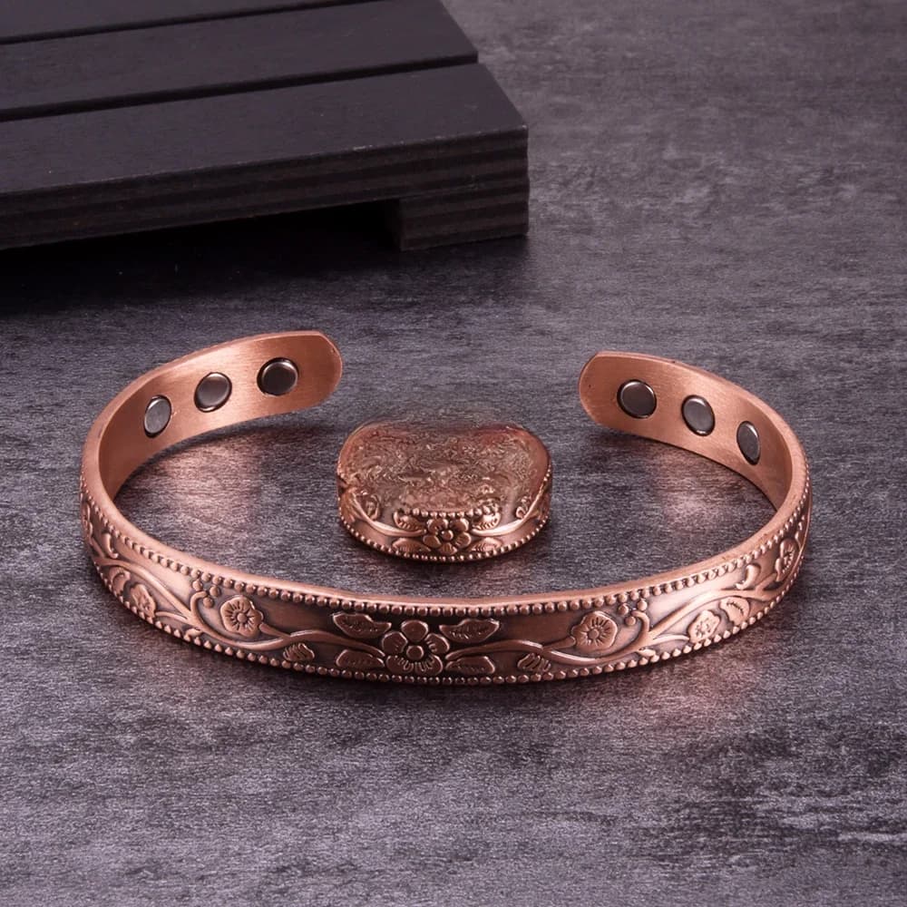 Ensemble de bijoux magnétiques en cuivre pur, anneau réglable, Vintage, fleur, énergie de santé, ensemble d'arthrite pour femmes et hommes
