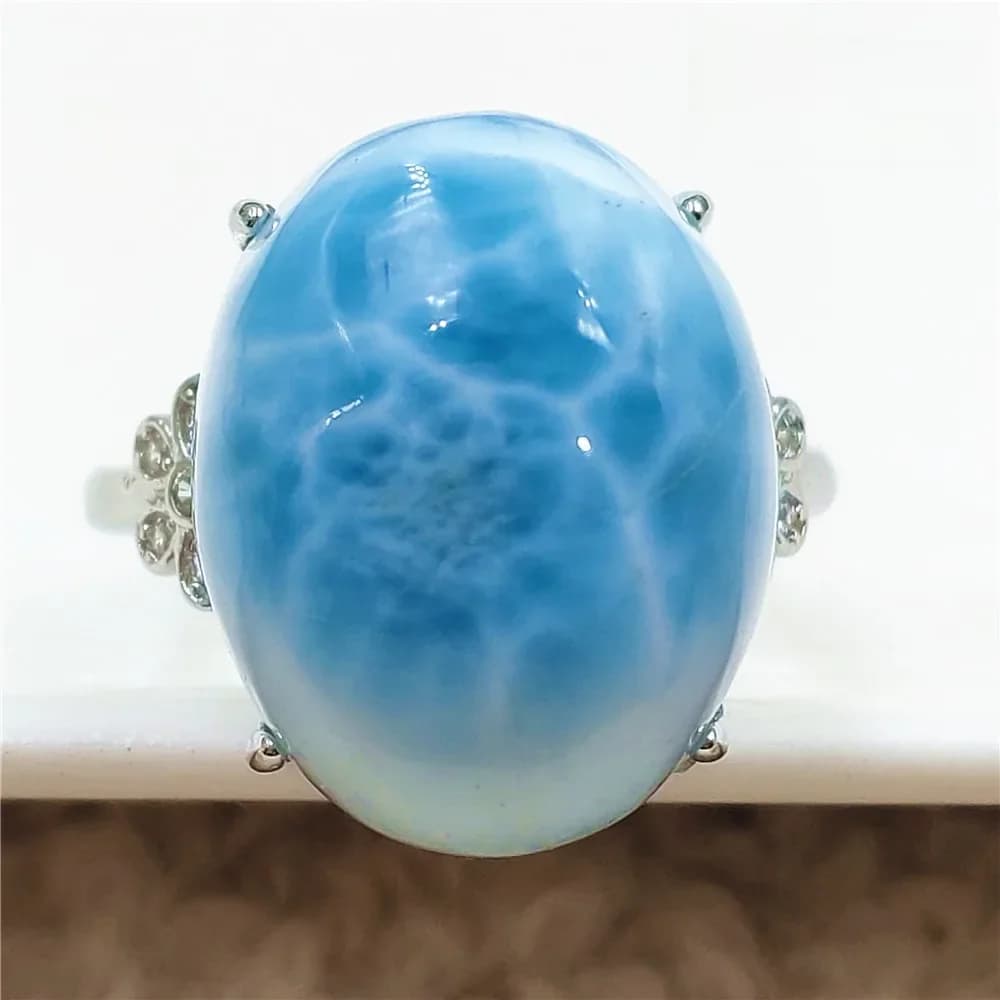 Bague réglable en pierre précieuse Larimar bleue naturelle, ovale en argent Sterling 925, bague Larimar à motif d'eau pour femmes dominiques AAAAAA