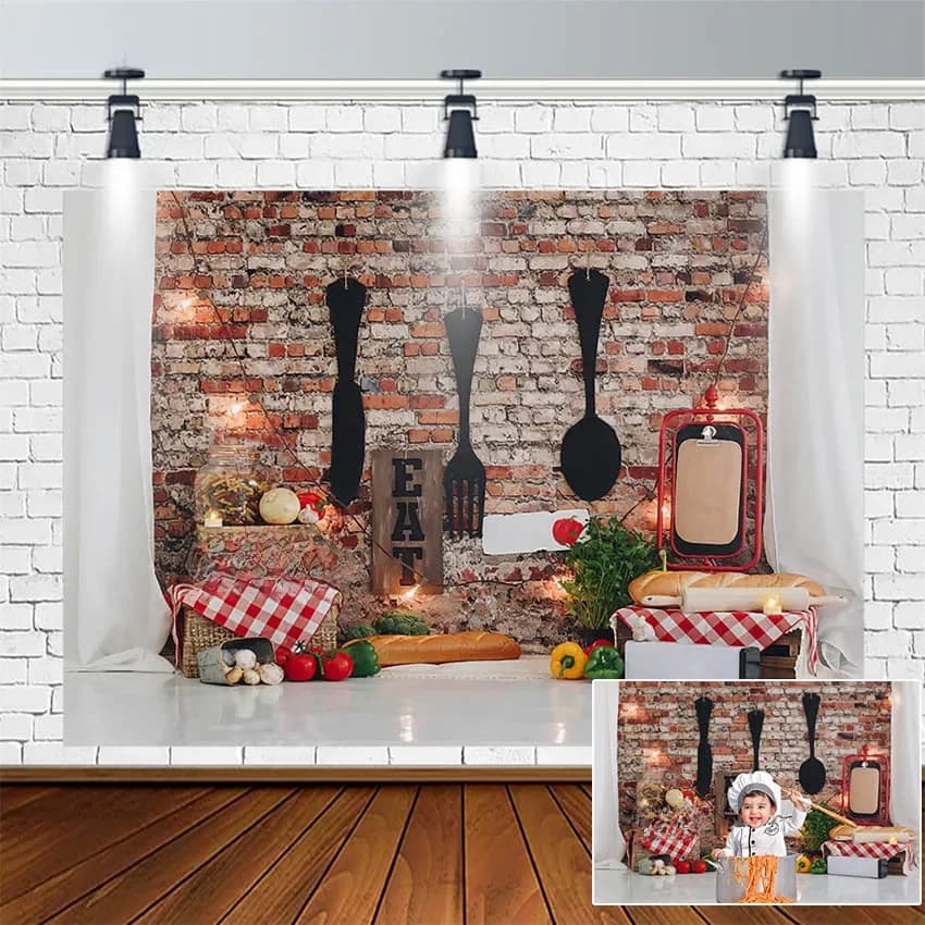 Arrière-plan de fête de 1er anniversaire, décor de fête prénatale, ingrédients du Chef, mur de briques rouges, pour photographie, Studio Photo