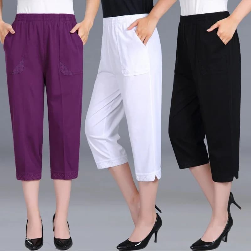 Pantalons Capri pour Femmes Été 2026, Femmes Grande Taille 4XL, Pantalons Décontractés à Taille Élastique, Pantalons Mi-longs pour Femmes, Vêtements en Coton Pur