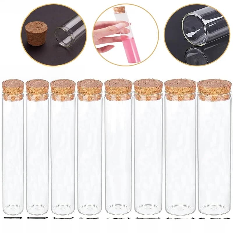 Tubes à essai en verre à fond plat, longueur 100mm, plusieurs spécifications, avec bouchons en liège, pour différents types de TESTS, diamètre 12mm-40mm, 5 pièces