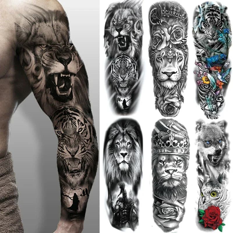 Grand bras manches Lion couronne roi Rose imperméable temporaire tatouage autocollant mode loup sauvage tigre hommes plein crâne Totem femmes
