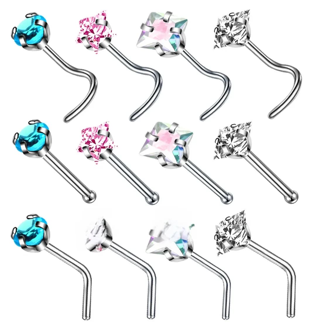 Ensemble de clous de nez en cristal en forme de L, en acier inoxydable, en zircon, pour le nez, en forme d'étoile, lot de 1/2 pièces