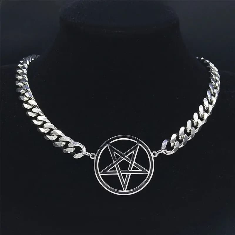 Collier Pentacle Inversé Punk pour Hommes, Chaîne Cubaine en Acier Inoxydable, Bijoux Satan