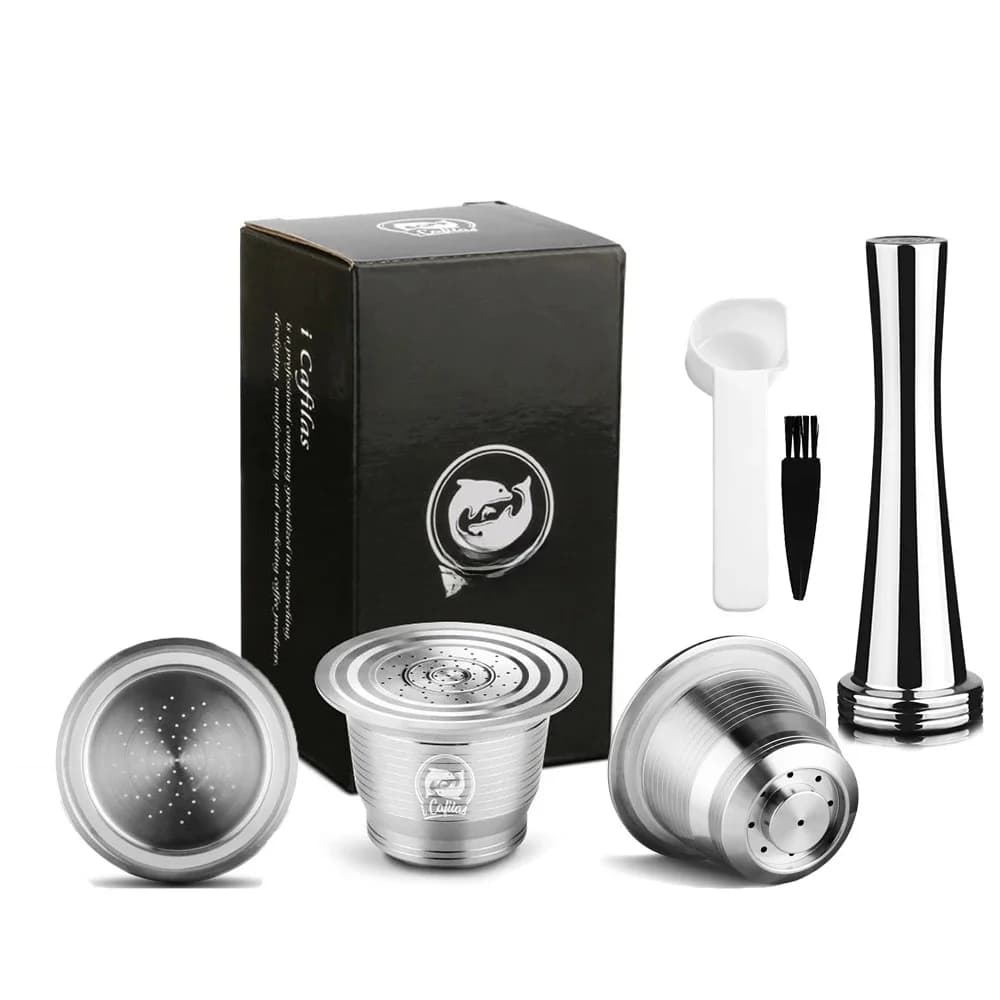 RECAFIMIL Capsule de café réutilisable en acier inoxydable dosettes de café rechargeables en métal pour Machine à café Nespresso avec cuillère et brosse