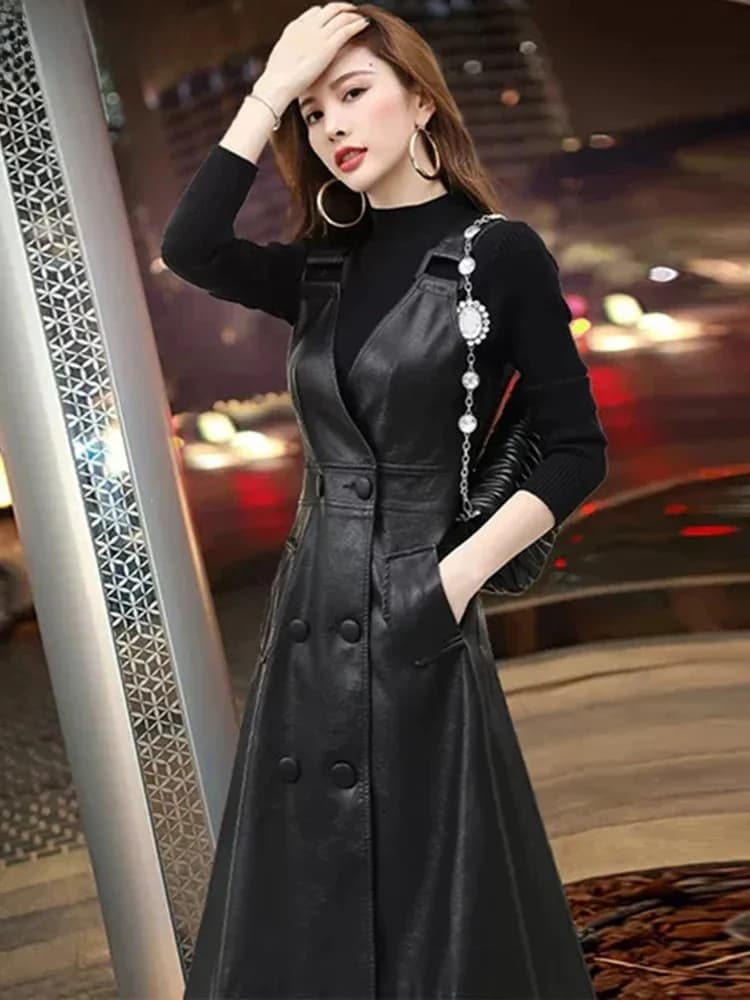 Nerazzurri – robe longue d'été en cuir PU noir pour femmes, robes mi-longues en Faux cuir avec bretelles, mode coréenne élégante pour femmes, 2021