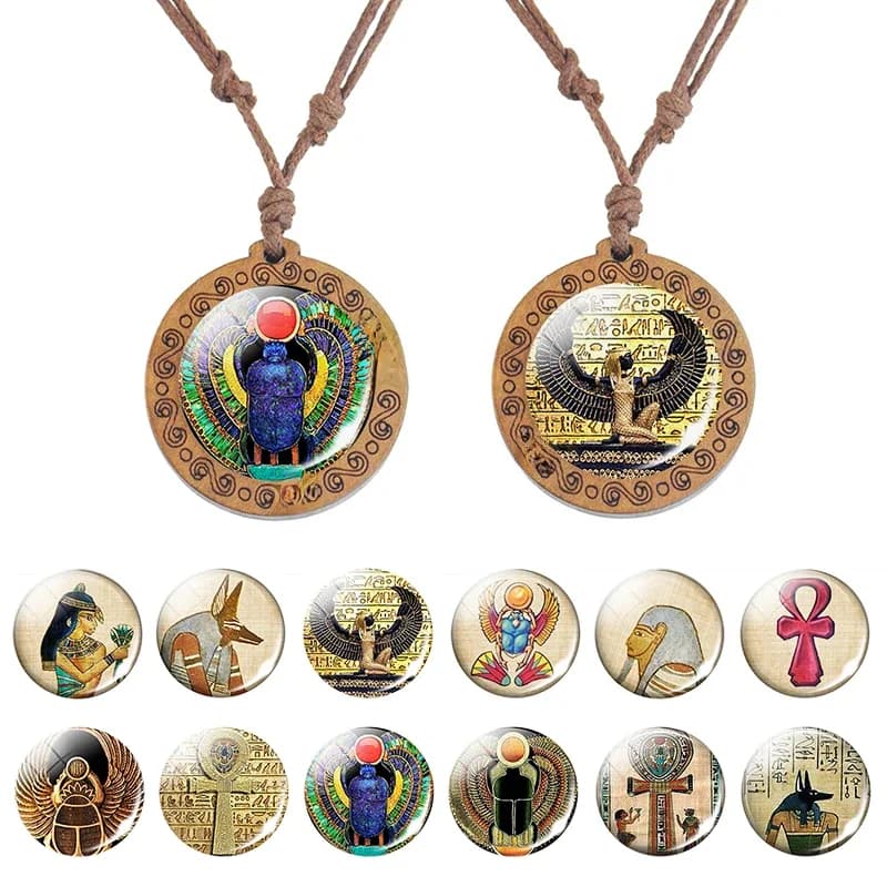 Collier avec Pendentif Ankh en Verre et Bois, Chaîne de Corde, Croix d'Egypte, Anubis, planchers ab, Isis, Bijoux de Déesse