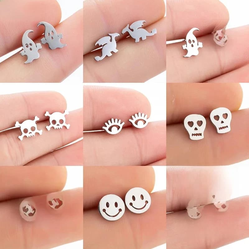 Boucles d'oreilles géométriques en acier inoxydable pour hommes et femmes, goujon de crâne fantôme noir, bijoux de mode hip hop, meilleur cadeau d'Halloween, 2024
