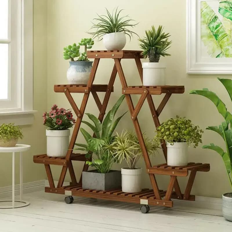 Étagère triangulaire pour plantes, 6 pots en bois carbonisé, support pour pots de fleurs, présentoir de rangement avec roulettes pour jardin