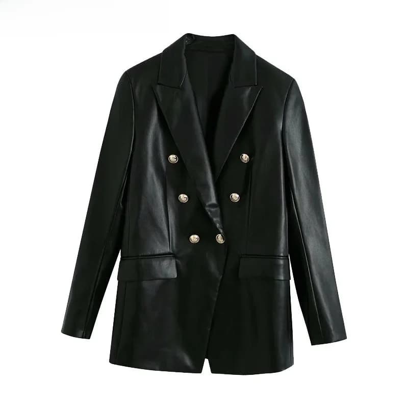 Blazer en cuir PU à double boutonnage cranté pour femme, manteau décontracté, manches longues, évents au dos, vêtements féminins chics