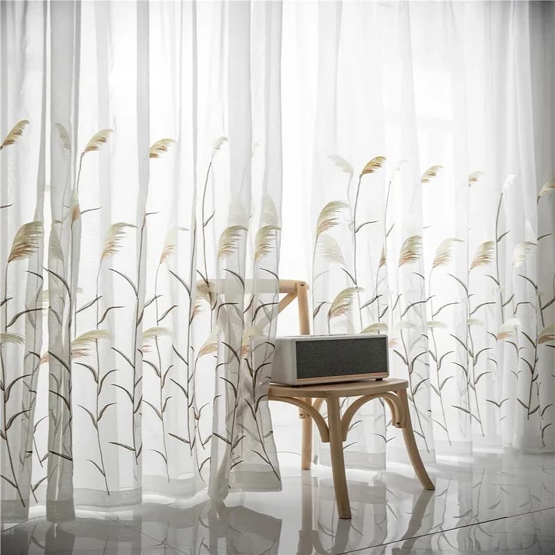 Rideau en tulle brodé de feuilles de roseau, moderne, pour salon, chambre à coucher, cuisine, balcon, chambre d'enfant, en fil personnalisé, blanc