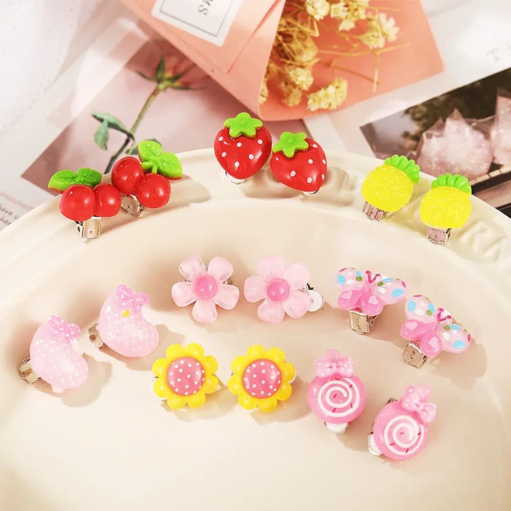 Boucles d'oreilles animaux de dessin animé/fruits/papillon, boucles d'oreilles à Clip pour enfants, en résine, sans Piercing, pour enfants
