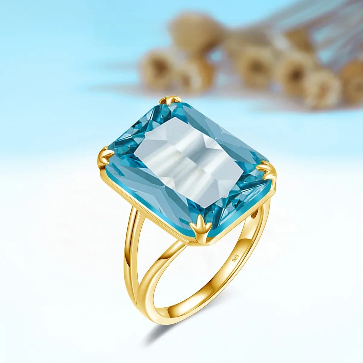 Bague aigue-marine classique en argent Sterling 925 pour femmes, pierres précieuses plaquées or, Vintage, cadeau de fête de luxe, bijoux fins féminins
