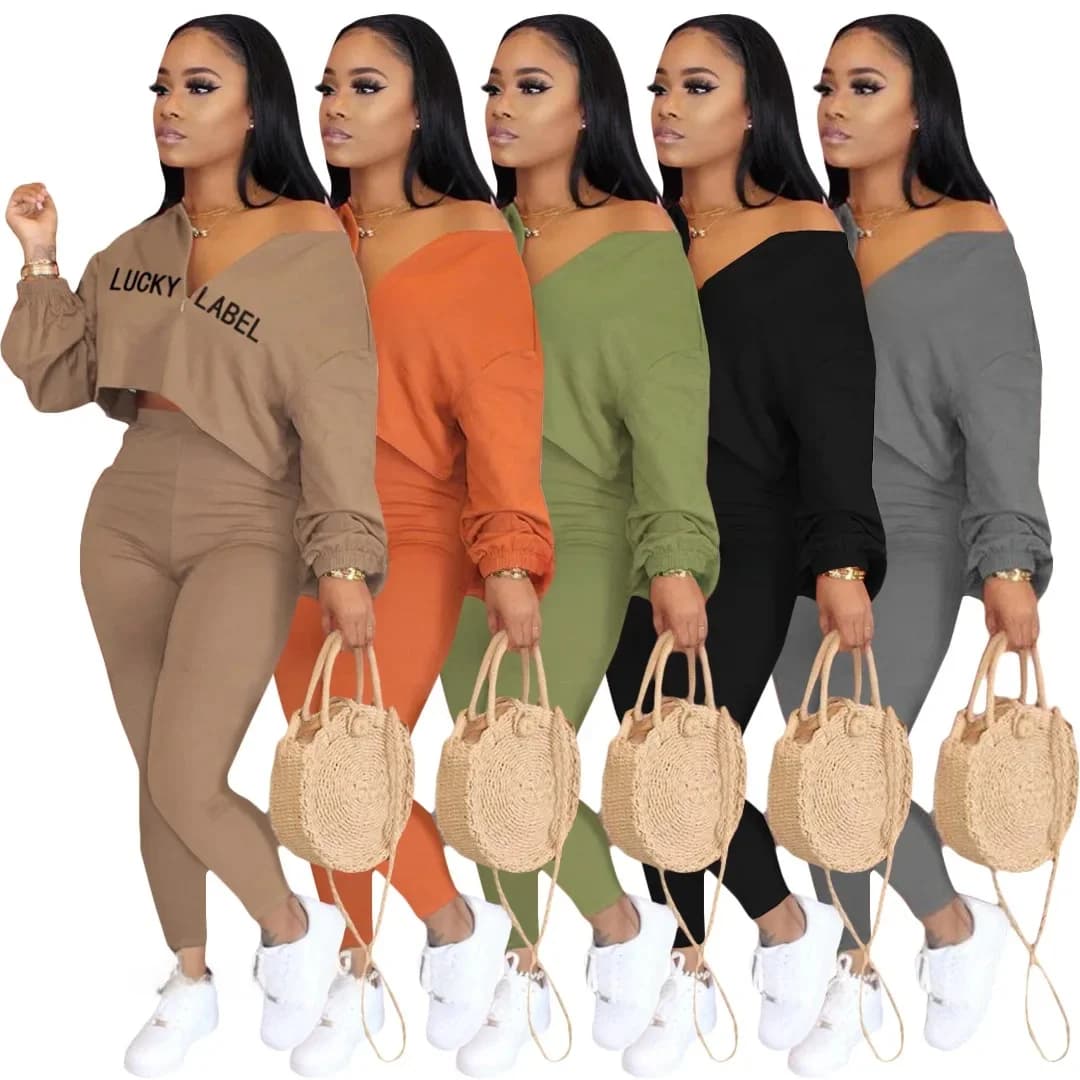 Vêtements de détente décontractés à taille élastique pour femmes, vêtements d'automne, impression de lettres, mode féminine, manches longues, ensemble de 2 pièces, nouveauté, 2021
