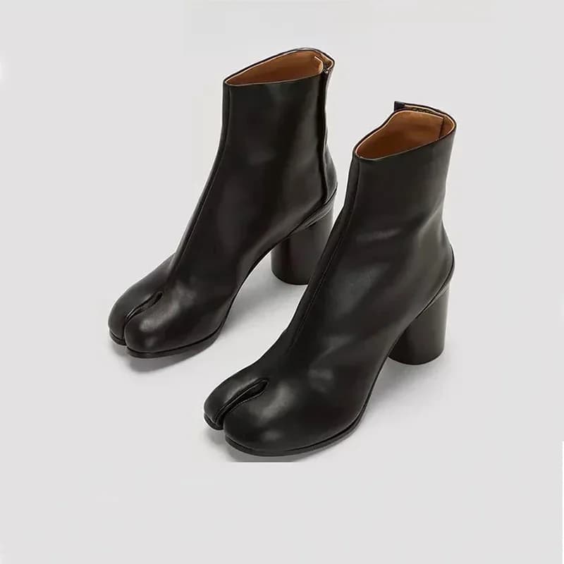 Bottes Tabi en cuir de luxe 2026, design de marque, à talon épais et rond, pour femme, automne-hiver, chaussures à bout fendu