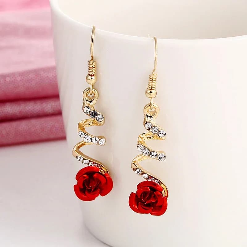 Boucles d'oreilles en forme de Rose rouge pour femmes, bijoux à la mode, Vintage, strass, fleurs, pendantes, pour mariage, fête de fiançailles, nouvelle collection