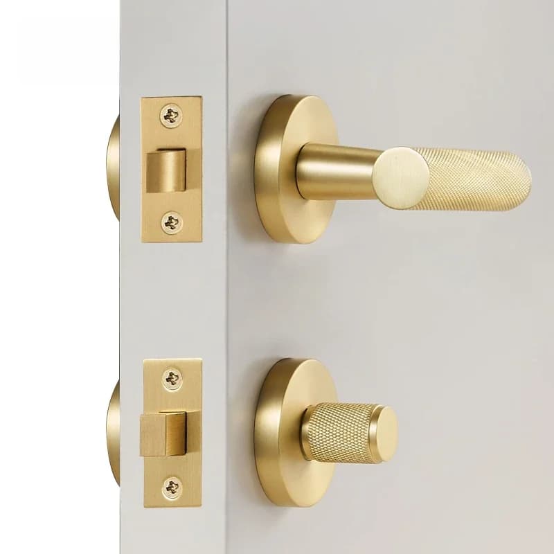 DOOROOM Poignée de loquet à clé avec bouton moleté en laiton, cylindre de serrure, plaque de protection, serrure de passage de pièce
