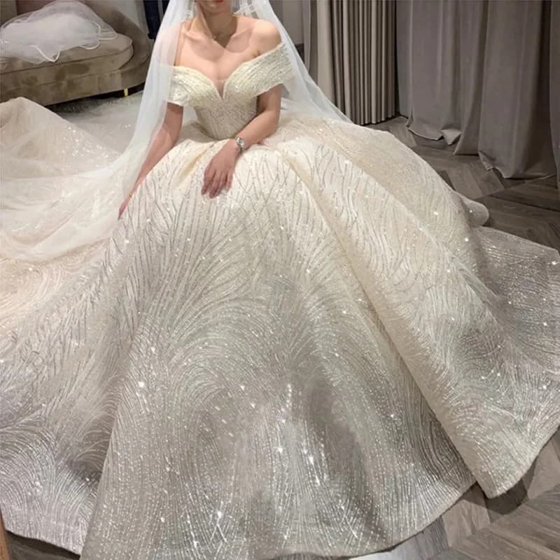 Robe De mariée De luxe à paillettes, classique, col bateau, épaules dénudées, personnalisée