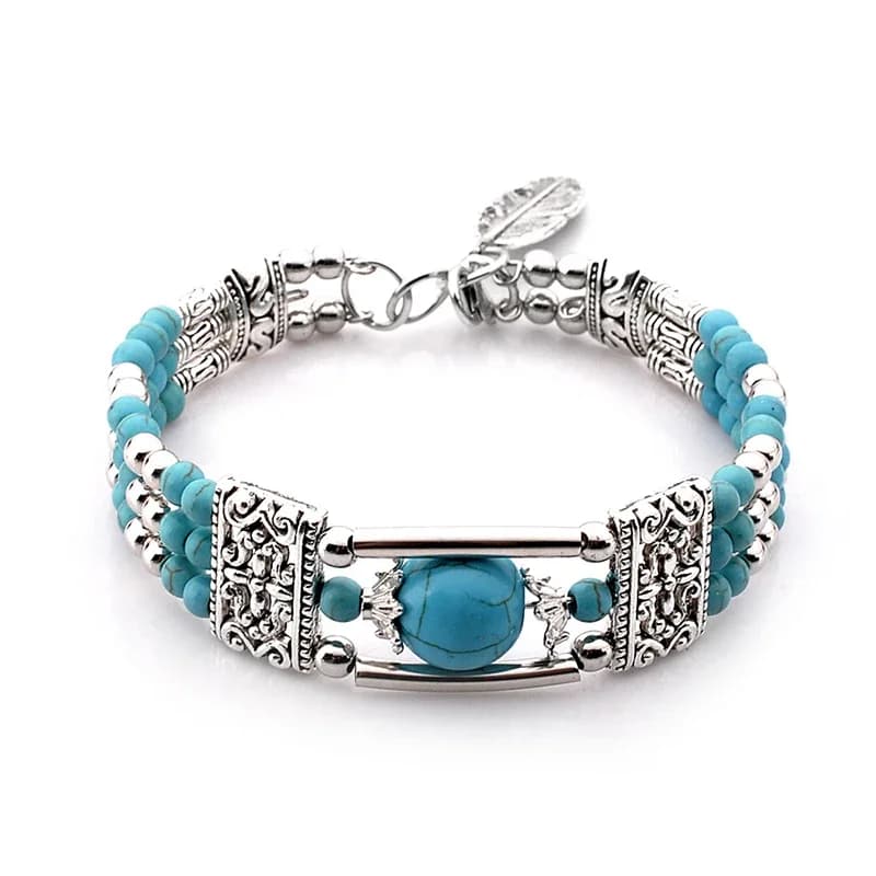Bracelet bohème Vintage en pierre naturelle pour femmes, bijoux faits à la main, perles rondes bleues sculptées, Bracelets Boho, Bracelets pour femmes