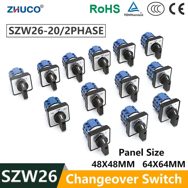 Commutateur rotatif à came ZHUCO SZW26/LW26-20 64x64 mm 48x48 mm à montage sur panneau, 20A 660V, 2 phases, 8 vis, avec bouton de sélection de puissance