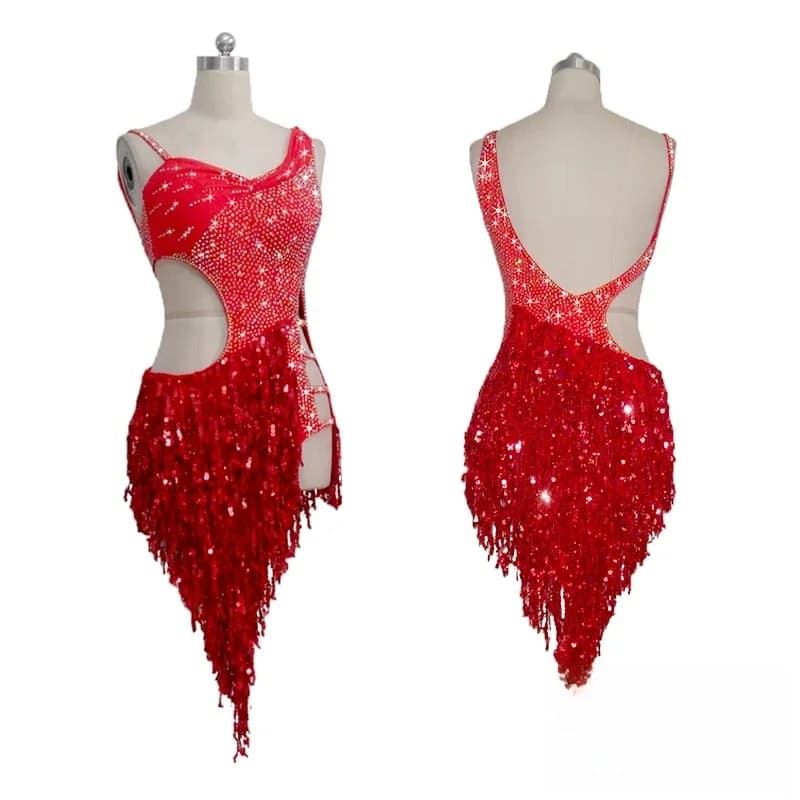 Robe de Performance de Concours de brevLatine pour Adulte, Rouge, à Paillettes Découpées, Sexy, Nouvelle Collection