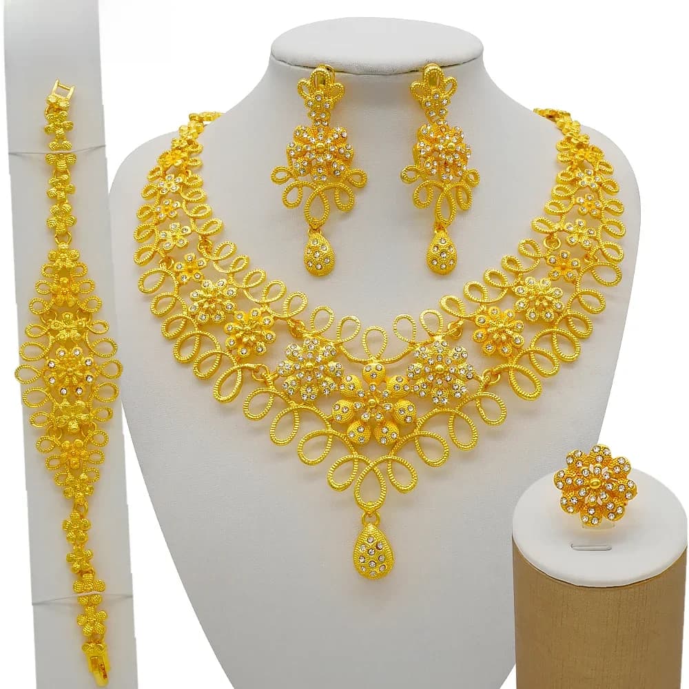 Parure de bijoux en or de Dubaï, motif floral, pour femmes, cadeau de mariage africain, pour fête, comprenant bracelet, collier, boucles d'oreilles et bague