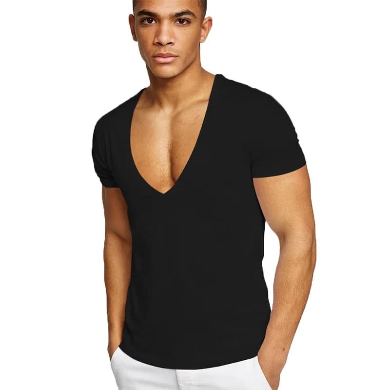 T-shirt d'été sexy à col en V profond pour hommes, coupe basse, t-shirt à col en V large pour hommes, t-shirt à manches courtes pour hommes, maillot de corps monochrome décontracté Y-Invisible