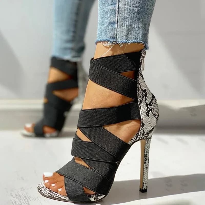 Escarpins de fête chaussures Sexy chaussures de bal serpent chaussures d'été femme pompes talons hauts et fins bout pointu strass gladiateur