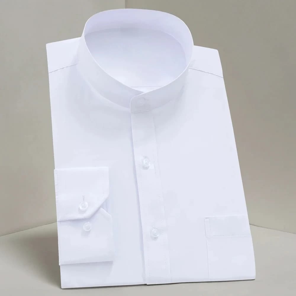Chemise à manches longues Mao-urs pour hommes, col mandarin, poche plaquée unique, tenue décontractée intelligente, coupe standard, chemises provoqué de bureau d'affaires