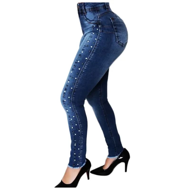 2025 nouvelles femmes bleu foncé taille haute perlée jean haute Stretch Denim crayon pantalon rue mode décontracté Push Up hanche jean S-2XL