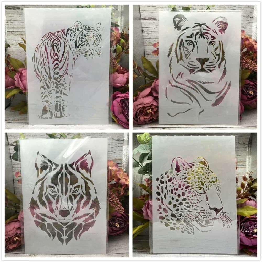 Pochoirs A4 29cm motif tigre léopard loup, 4 pièces, pour peinture murale, scrapbooking, coloriage, gaufrage, modèle décoratif d'album