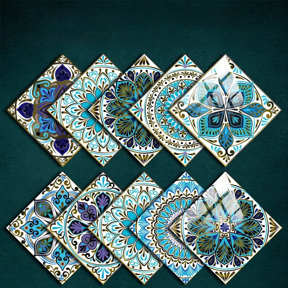 Autocollant de carrelage de Style Mandala coloré, 10/15/20/30cm, pour cuisine/salle de bain, garde-robe, Surface brillante, Art Mural, décalcomanies murales à décoller et à coller