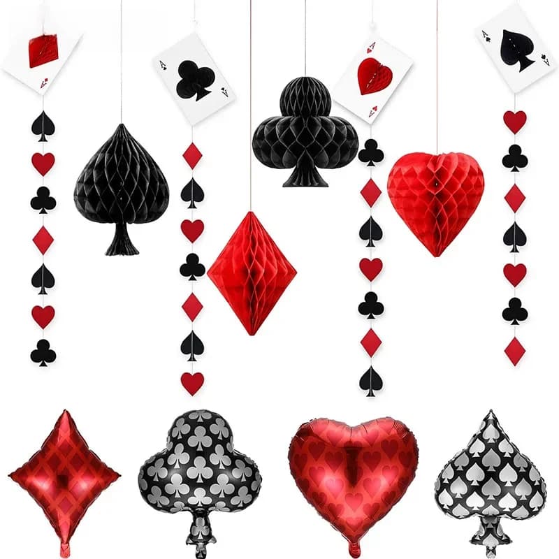 Décoration de fête de Casino, boule de Poker en nid d'abeille, carte de Poker, guirlandes et ballons, fournitures de fête d'anniversaire pour adultes