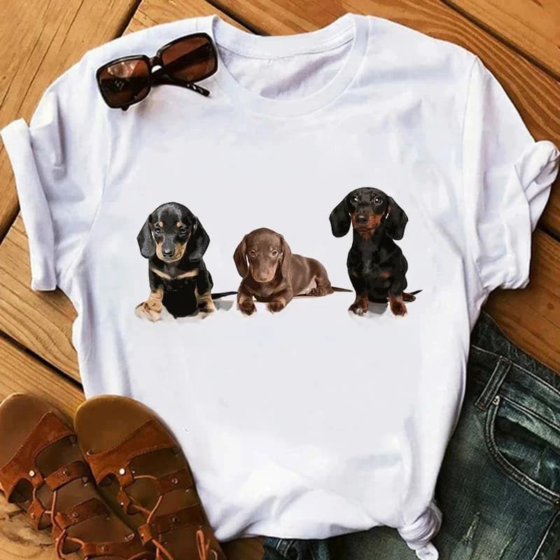 T-shirt graphique I Love My Dachshund pour femme, t-shirts blancs drôles, haut à manches courtes pour femme, t-shirt femme vintage, cadeau d'anniversaire pour amoureux des chiens