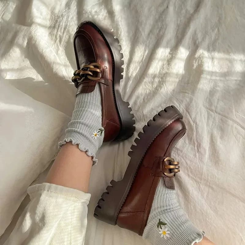 BeauToday-Mocassins épais en cuir véritable pour femme, chaussures à plateforme ronde en métal JOSlip, ballerines faites à la main, 27748