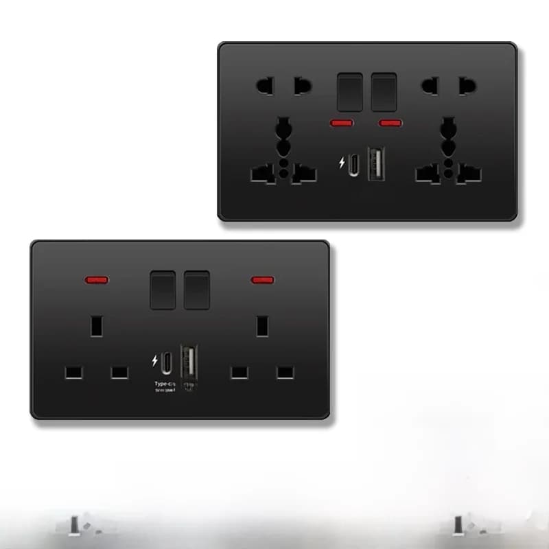 Prise murale 220V 18W à chargement rapide Type C, prise britannique noire 13A, panneau de prise murale électrique avec chargeur USB