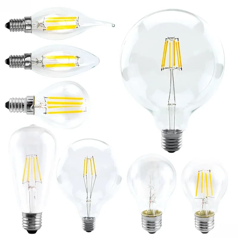 Ampoules LED de tailles variées, C35 A60 G80 G95 G125 220V E14 E27, lumières à filament 2W-8W, verre transparent, lampe LED de style Edison, 4 pièces
