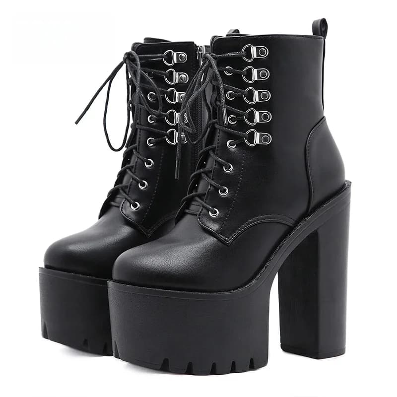 Gdgydh Bottes de moto à talons ultra hauts pour femmes Style gothique Rivet sexy Noir Cuir souple Plaforme Talon épais Bottes de chevalier punk