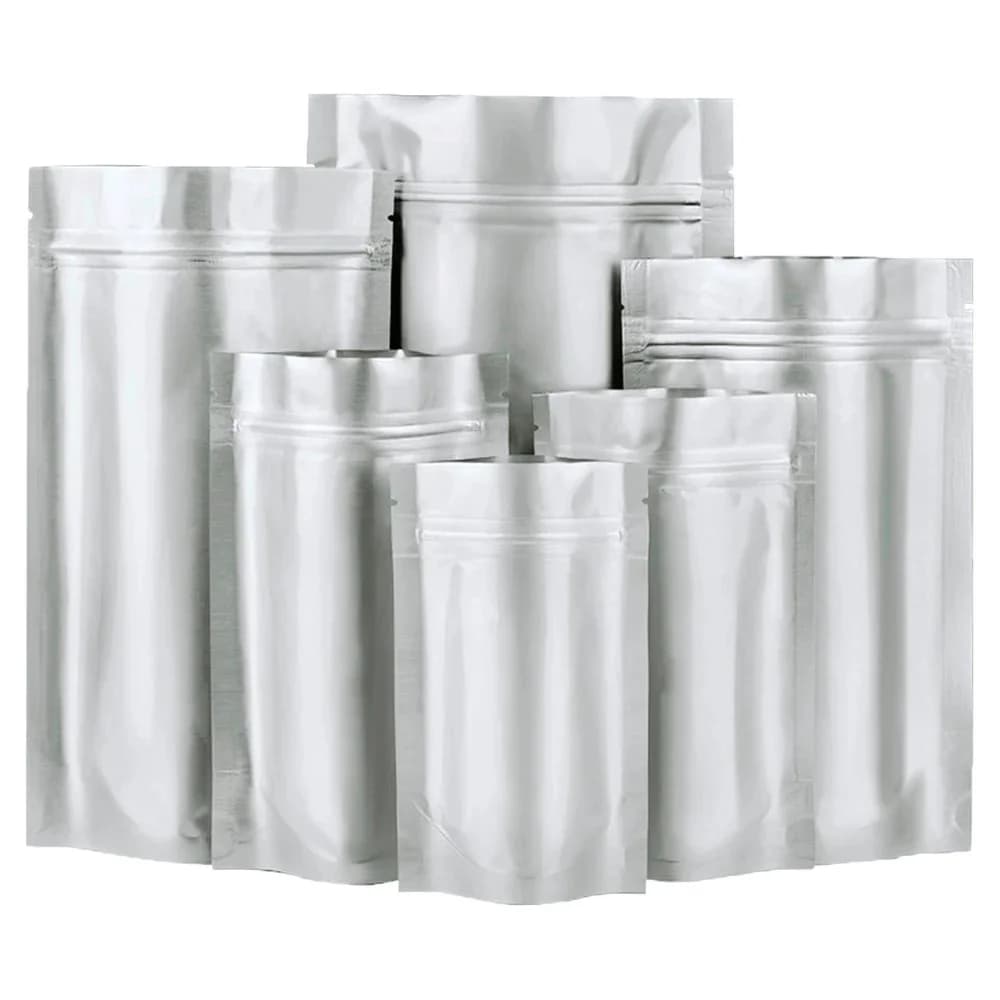 Sac à fermeture éclair en mylar pur argenté, 100 pièces, sachets de stockage des aliments, auto-scellants, réutilisables et refermables