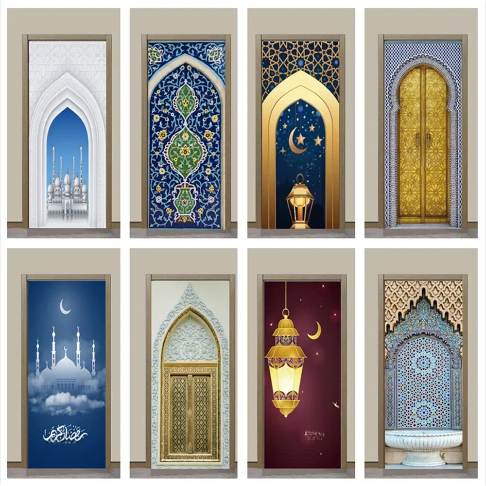 Autocollants de Porte Musulmans, Décoration de Maison, Art Mural, Salon, Grande Mosquée de La Mecque, Papier Peint en Vinyle, Porche