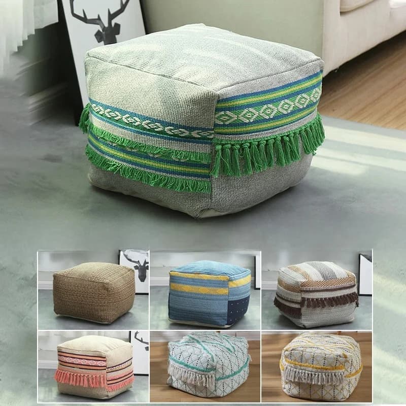Repose-pieds marocain carré en coton et lin, multi-motifs, avec pompon, housse de Pouf, Vintage, fait à la main, non rembourré